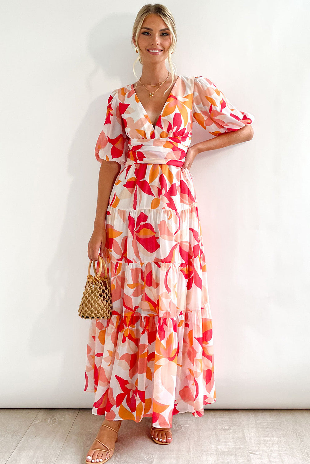 Short Puff Sleeve Floral Tiered Maxi Dress