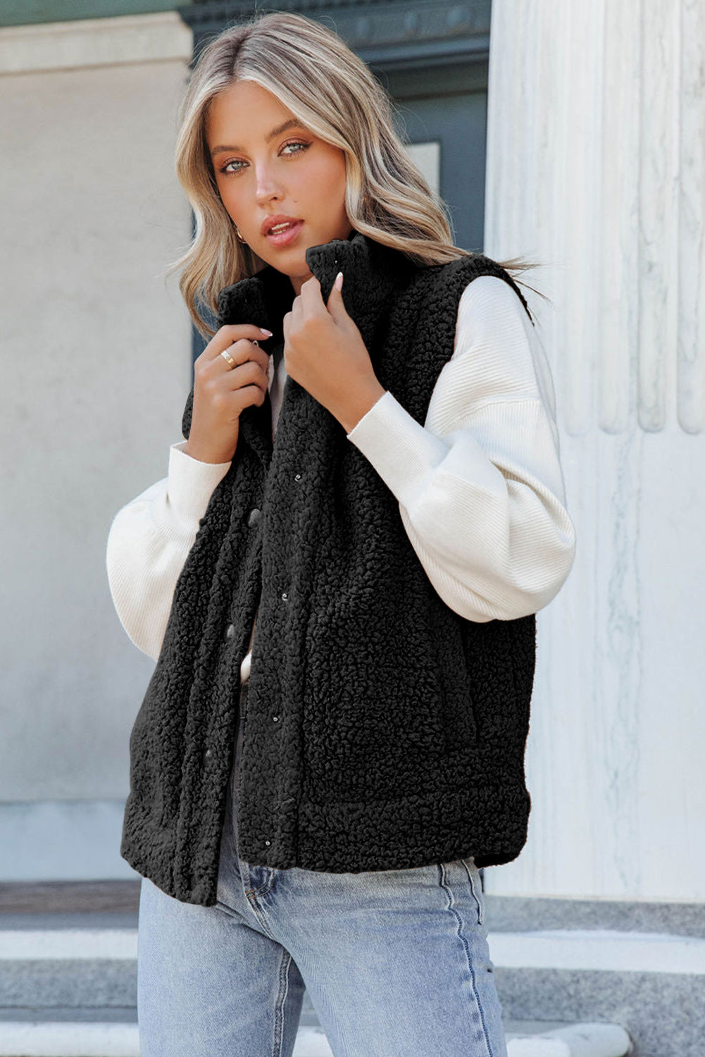 Snap Button Pocketed Sherpa Vest Jacket