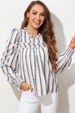 Striped Colorblock Puff Sleeve Frilled Neck Blouse