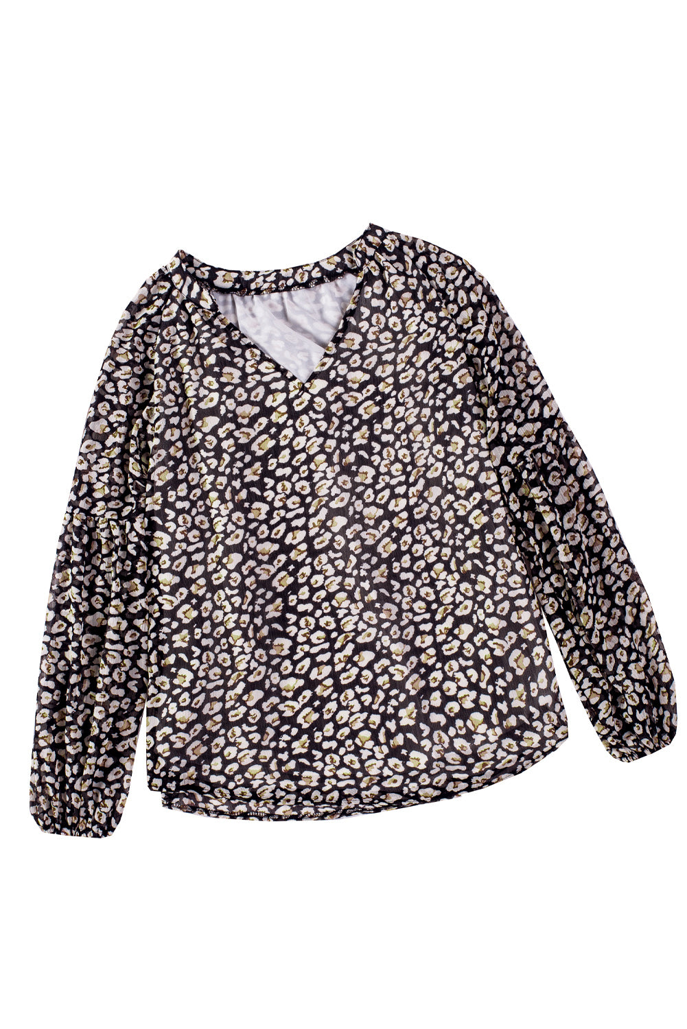 Green Floral Print V Neck Long Puff Sleeve Top