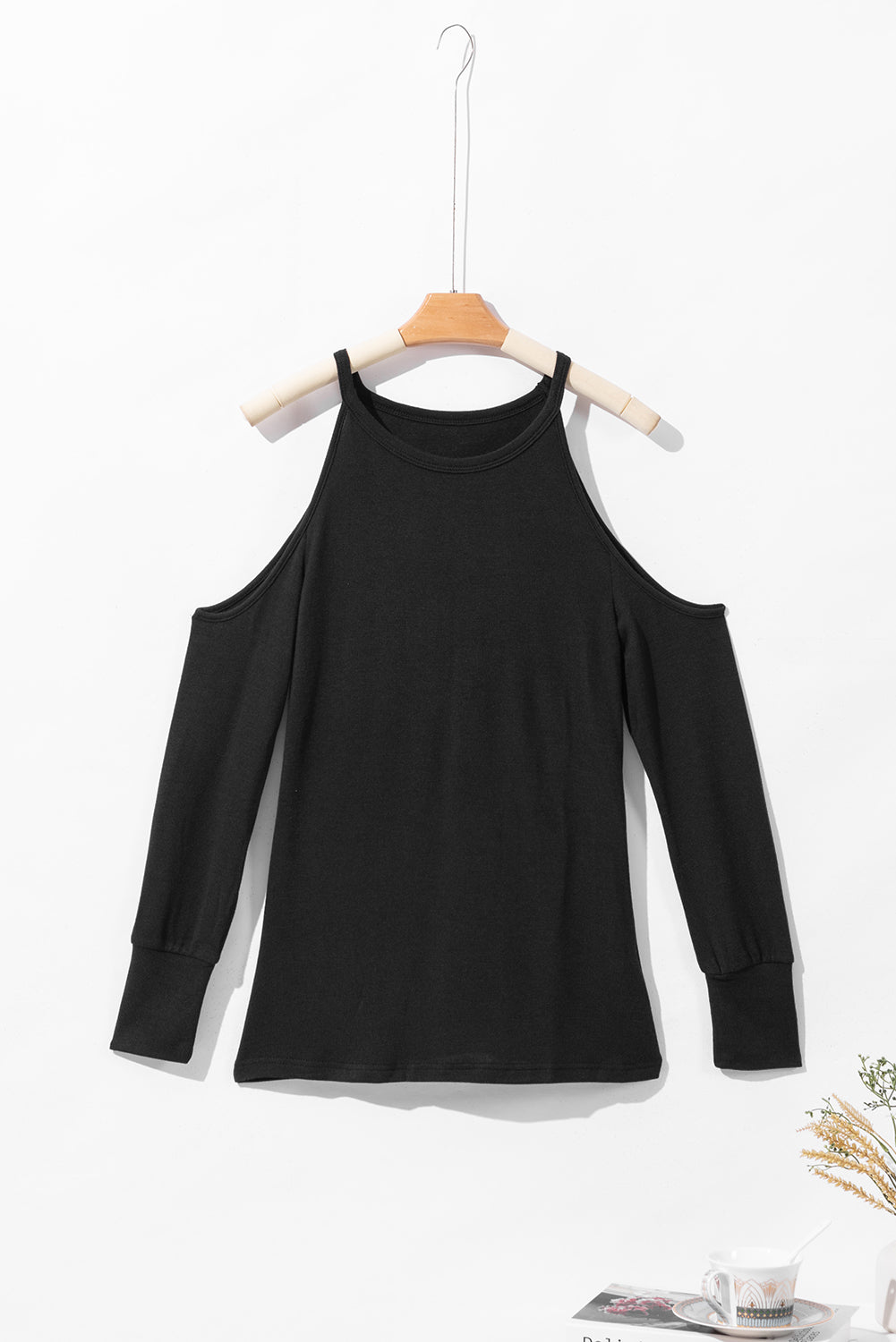 Khaki Marble Knit Cold Shoulder Long Sleeve Top