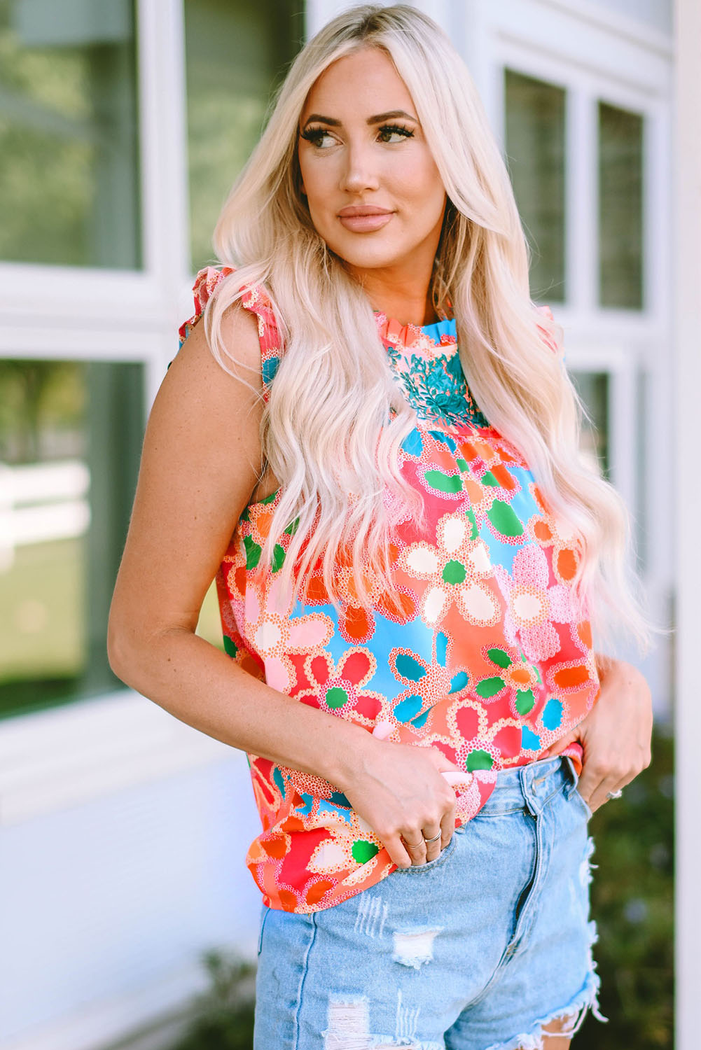 Rose Embroidered Detail Floral Print Ruffle Trim Tank Top