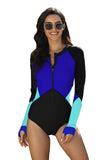 Color Block Zipper Long Sleeve Rash Guard Swimwear