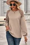 Lace Shoulder Patch Waffle Knit Long Sleeve Top