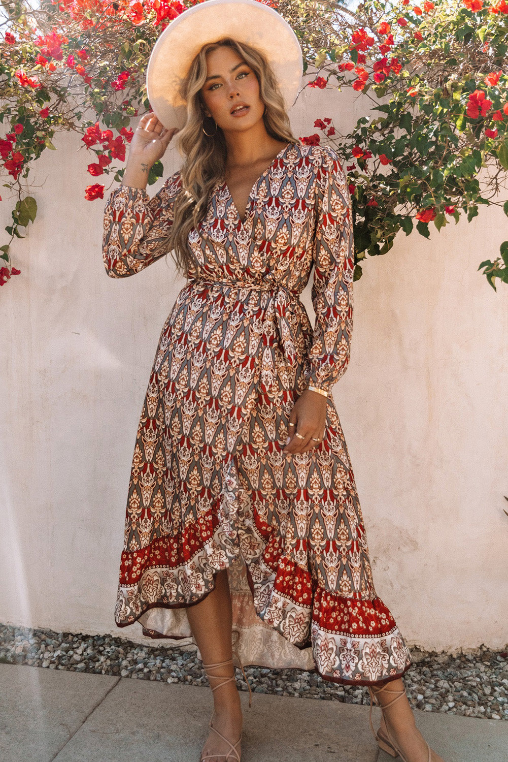 Boho Floral Print Ruffle Trim Wrap Belted Dress