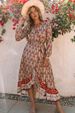 Boho Floral Print Ruffle Trim Wrap Belted Dress