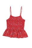 Camisole rouge à bretelles spaghetti et volants à imprimé floral