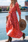 Printed 3/4 Sleeve V Neck Shirt Long Dress with Belt