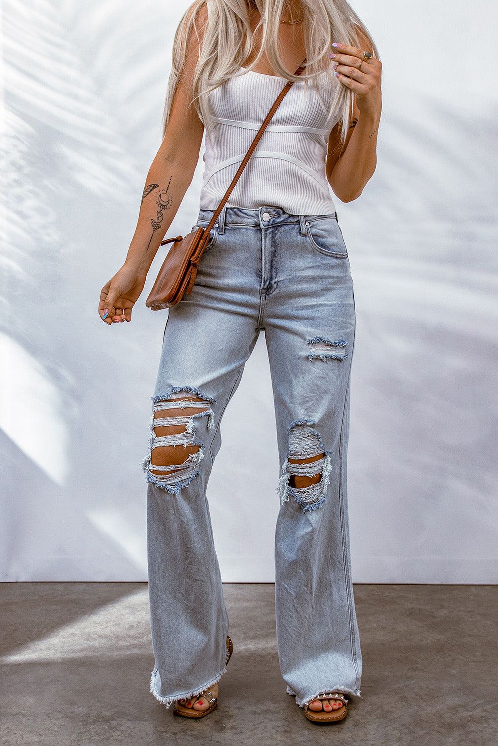 Acid Wash Wide Leg Raw Hem Distressed Jeans