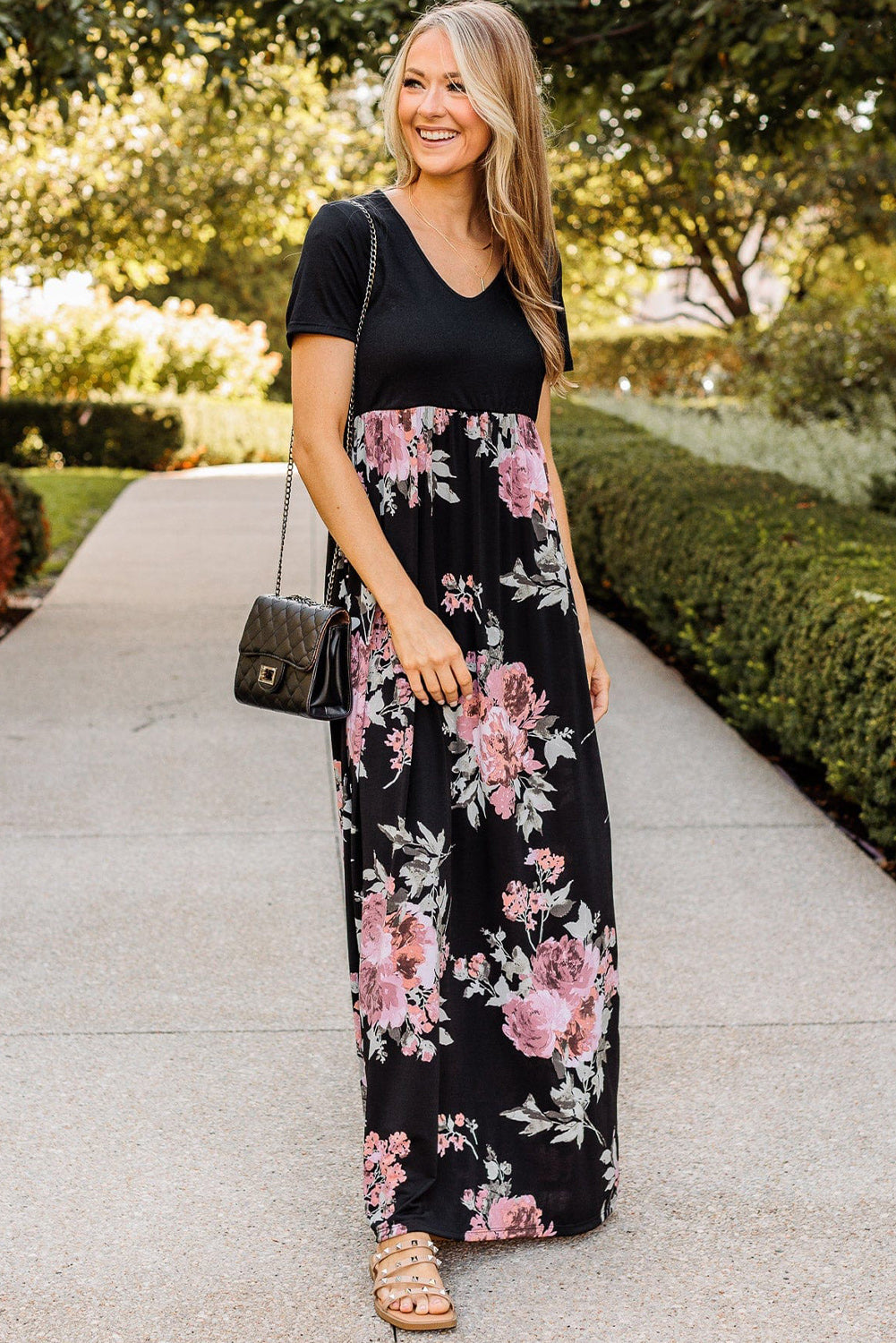 Contrast Floral Empire Waist Maxi Dress