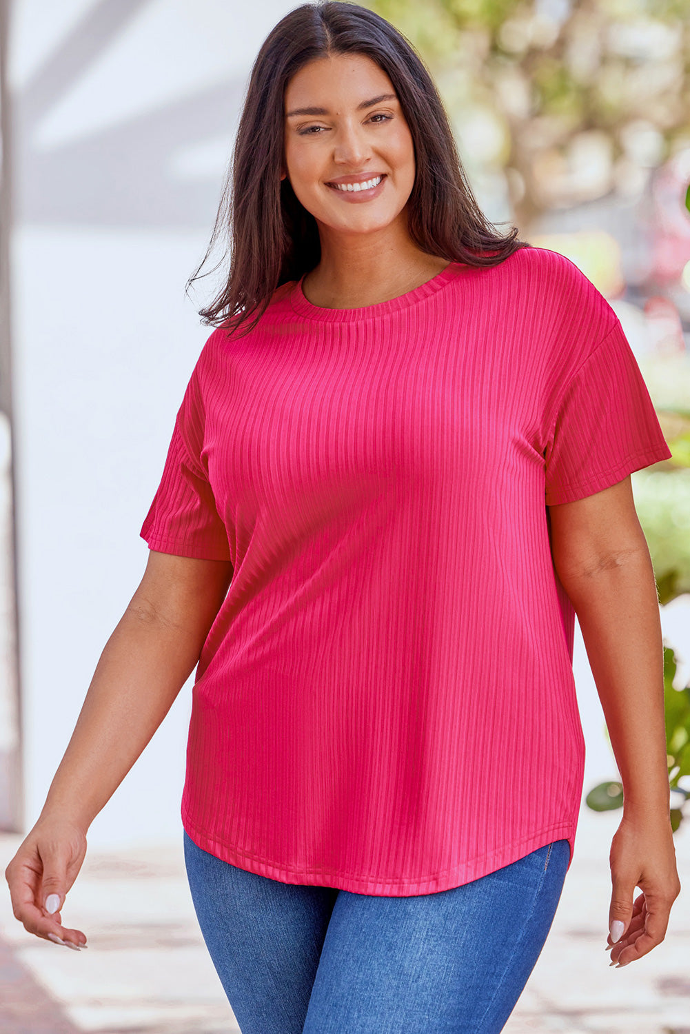 Rose T-shirt en tricot côtelé Grande taille