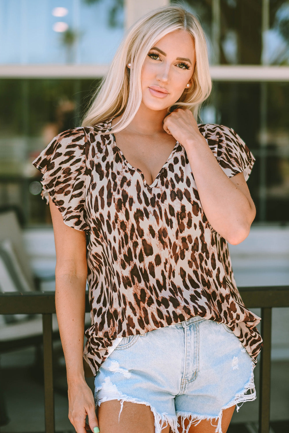 Flutter Sleeves Leopard/Abstract Print V Neck Top