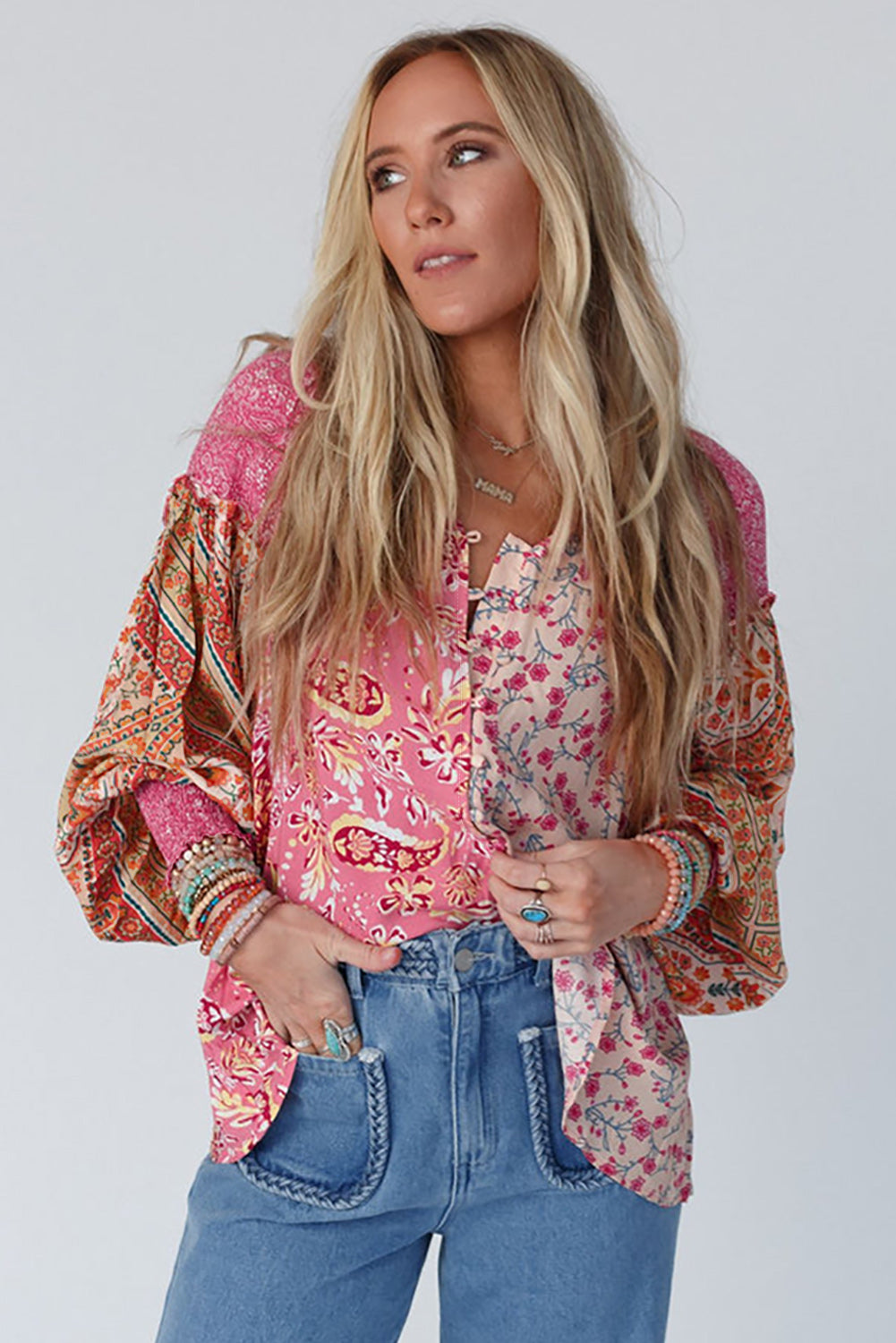 Pink Mixed Floral Printed Puff Sleeve V-Neck Shirt