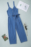 Buttoned Wide Leg Belted Chambray Strappy Jumpsuit