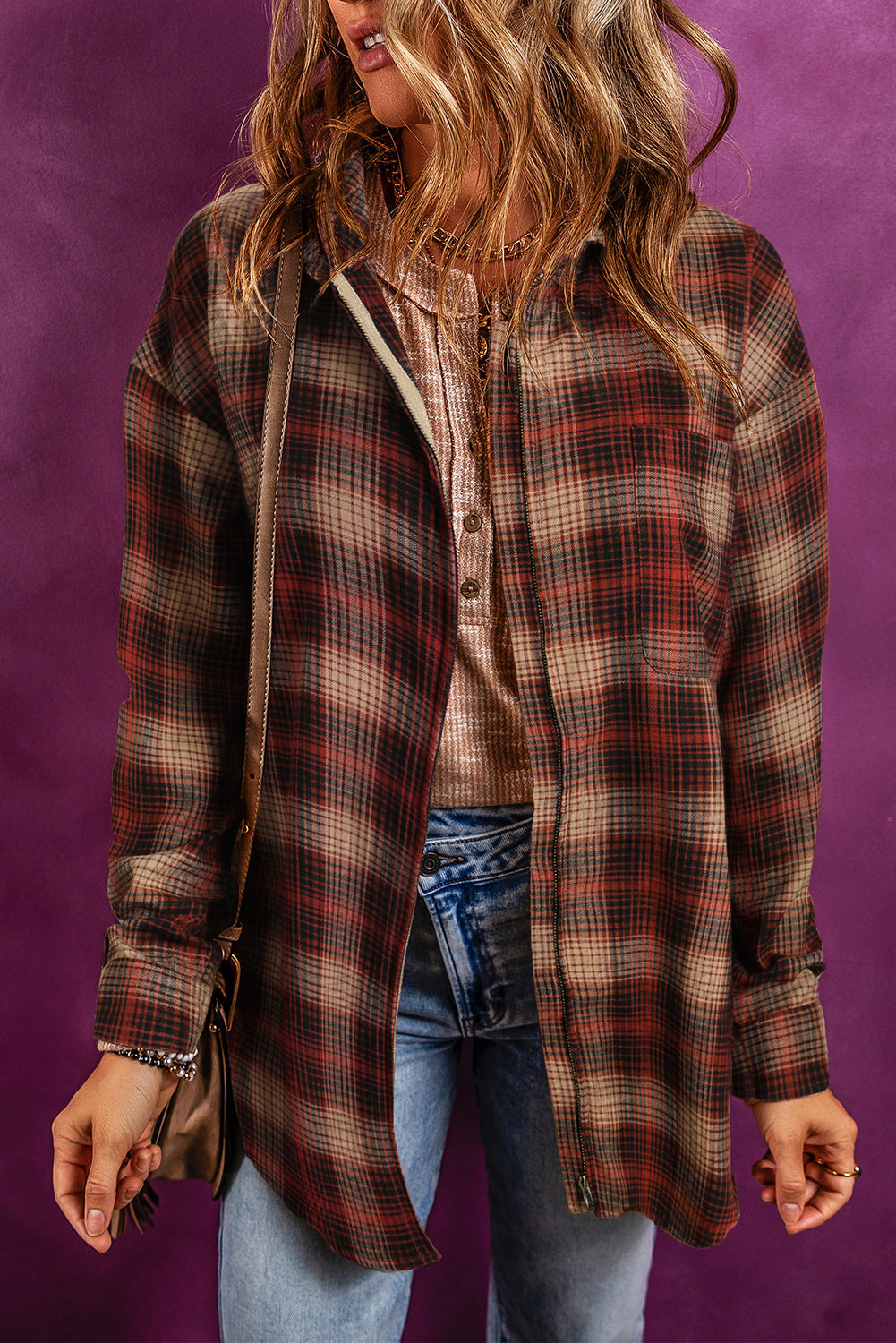 Plaid Zip Up Chest Pocket Shacket