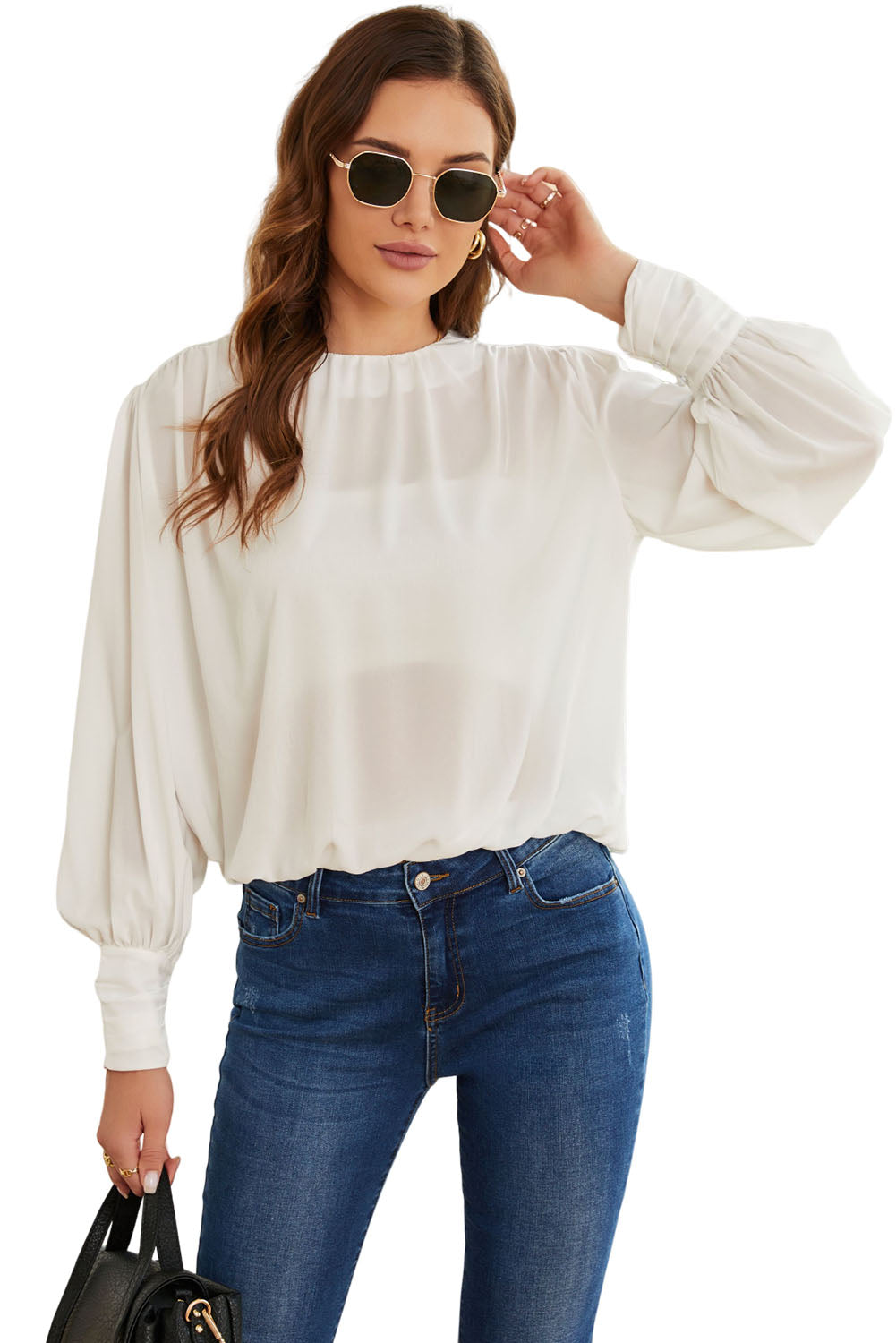 Padded Shoulder Buttoned Cuffs Pleated Loose Blouse