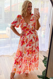 Short Puff Sleeve Floral Tiered Maxi Dress