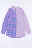 Chemise violette boutonnée à manches longues et poche poitrine à carreaux mélangés