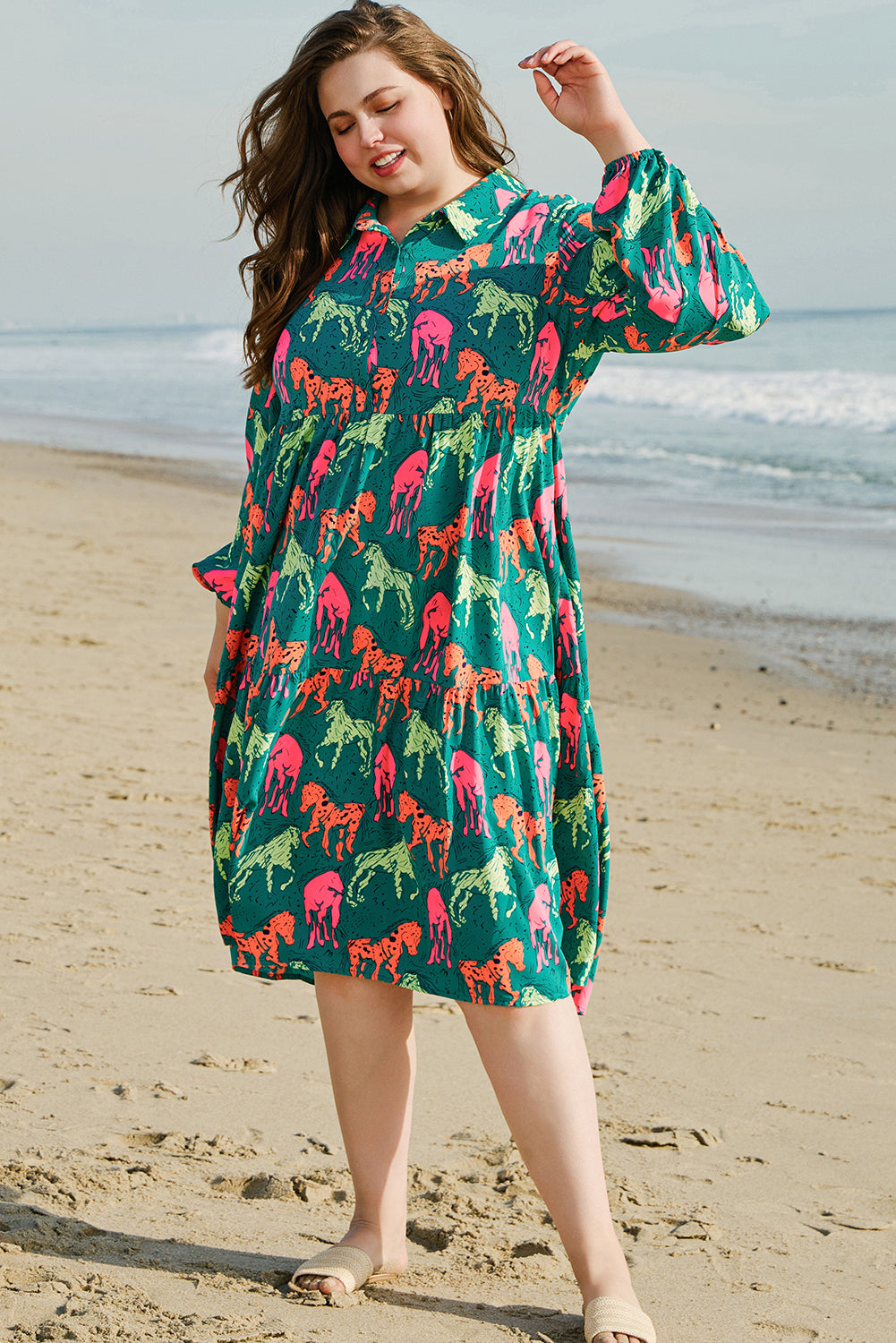 Green Horse Printed Long Sleeve Collared Buttoned Plus Size Midi Dress