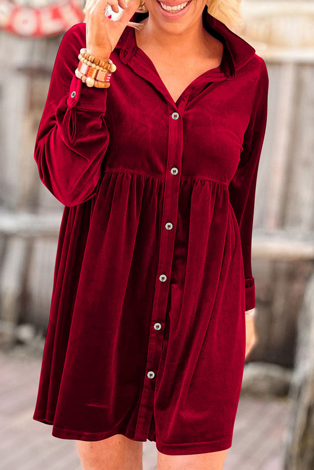 Rose Long Sleeve Ruffle Velvet Button Up Dress