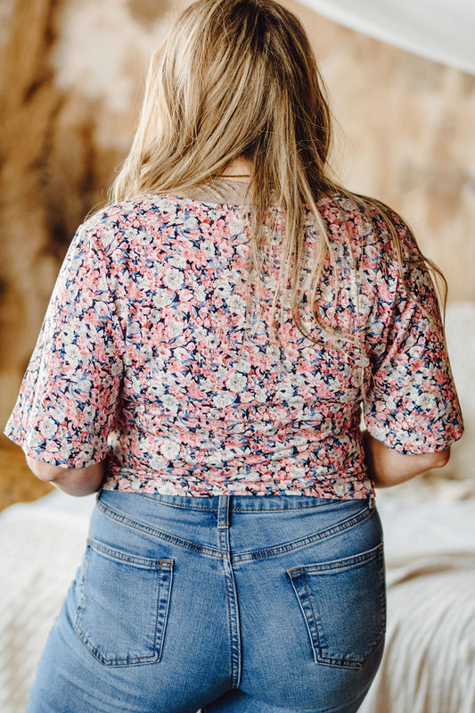 Haut Court Froncé à Cordon Imprimé Floral Multicolore de Grande Taille