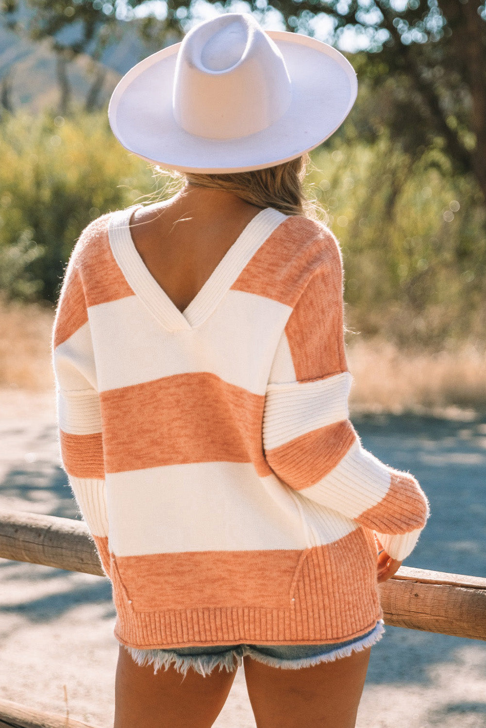 Striped V Neck Criss Cross Back Sweater