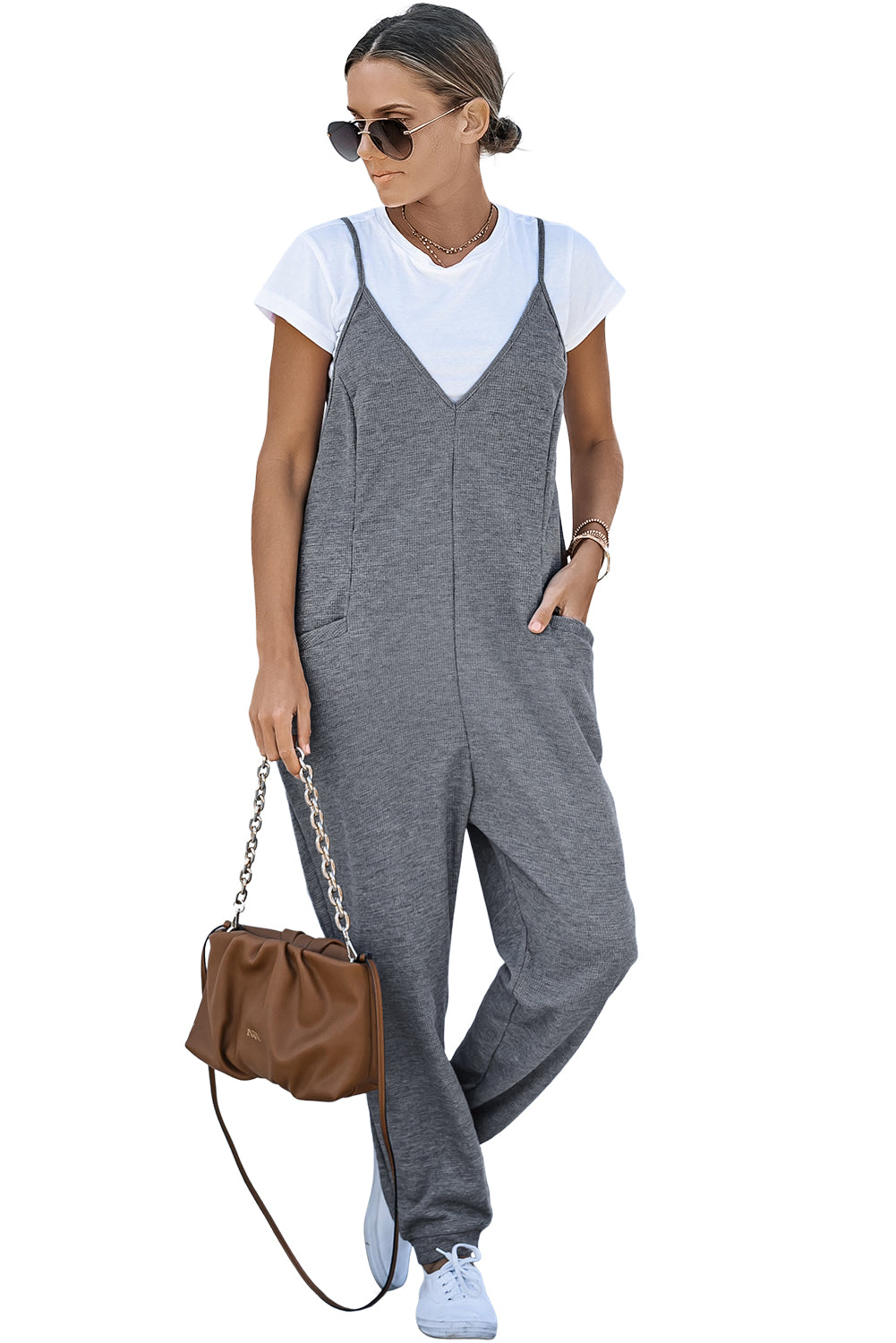 Textured Sleeveless V-Neck Pocketed Casual Jumpsuit