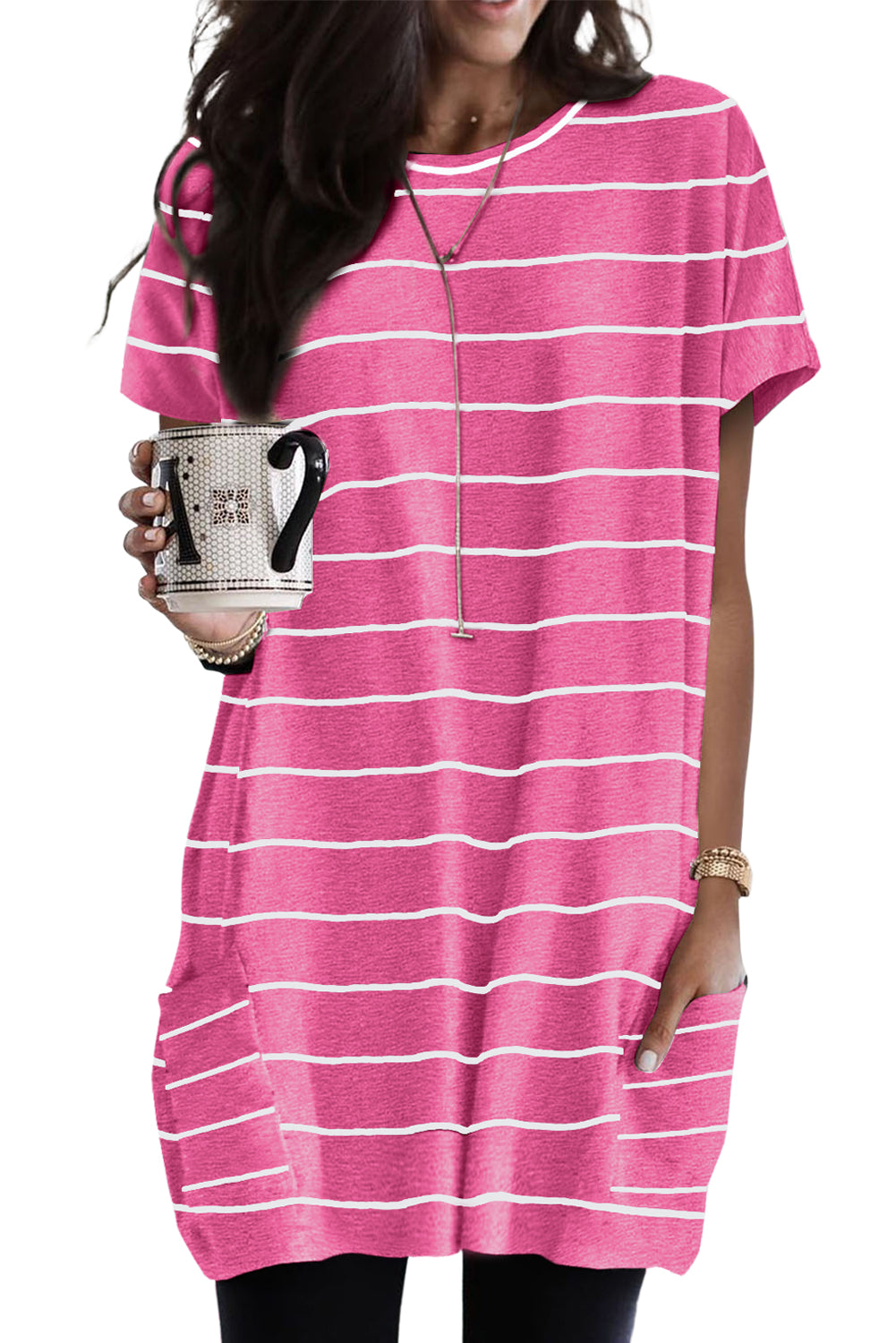 Striped Print Side Pockets Short Sleeve Tunic Top