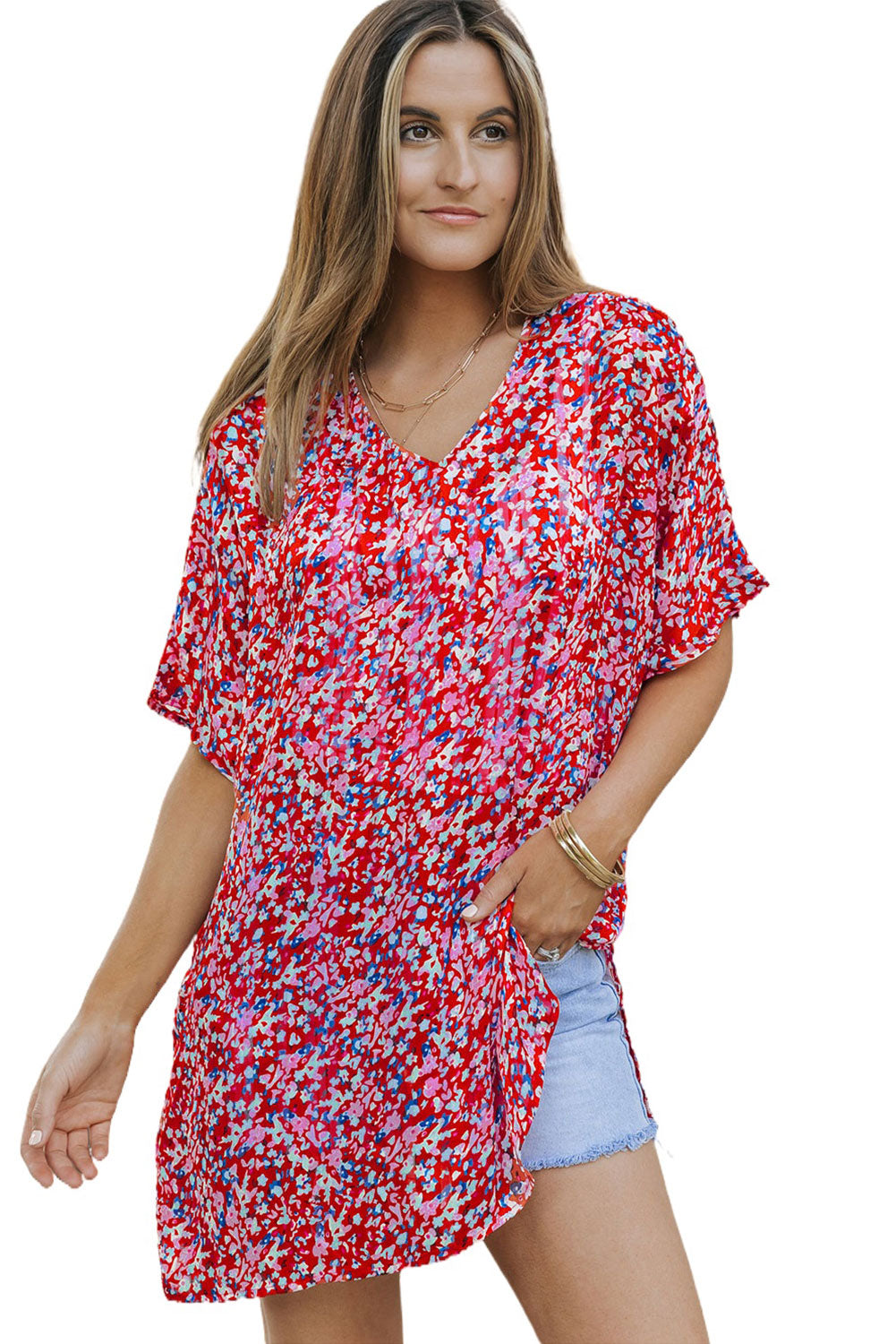 Abstract Floral Print Oversize Tunic Top