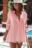 Blouse rose plissée en tricot gaufré à moitié boutonné