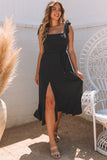 Tie Shoulder Smocked Back Side Slit Maxi Dress