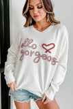 White Hello gorgeous Graphic Ribbed Trim Sweater