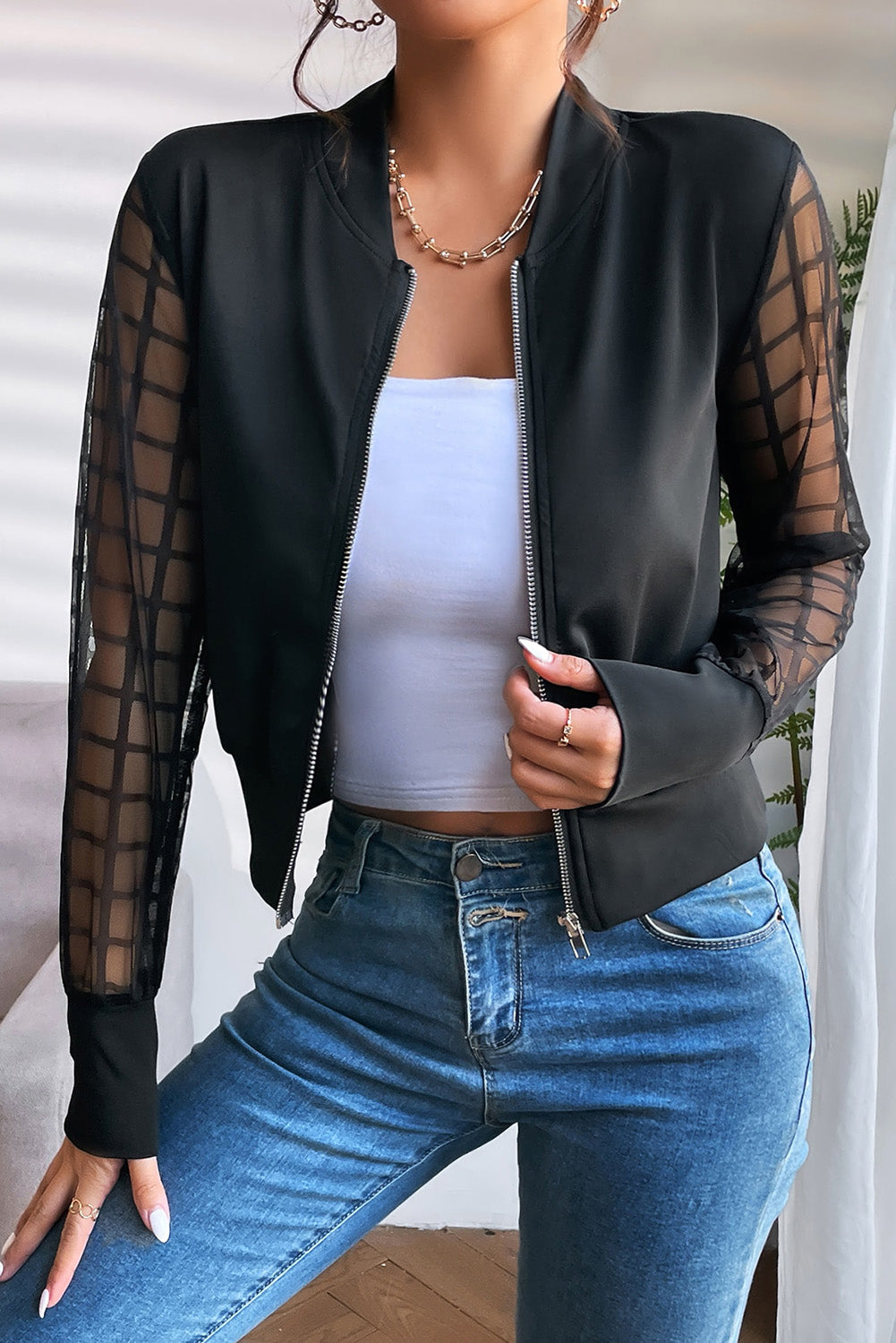 Latticed Mesh Sleeve Zip Up Bomber Jacket