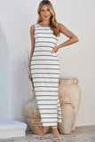 Khaki Stripe Print Open Back Sleeveless Maxi Dress with Slits