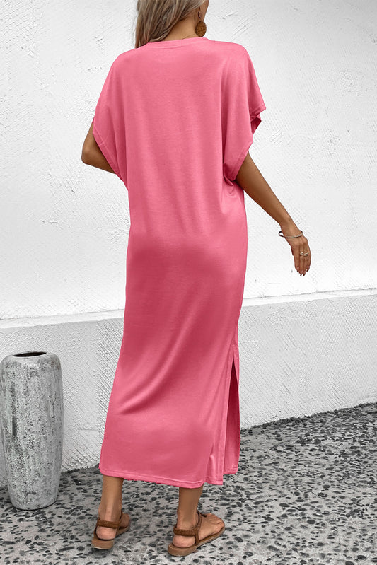 Robe t-shirt longue rose à col rond et manches chauve-souris