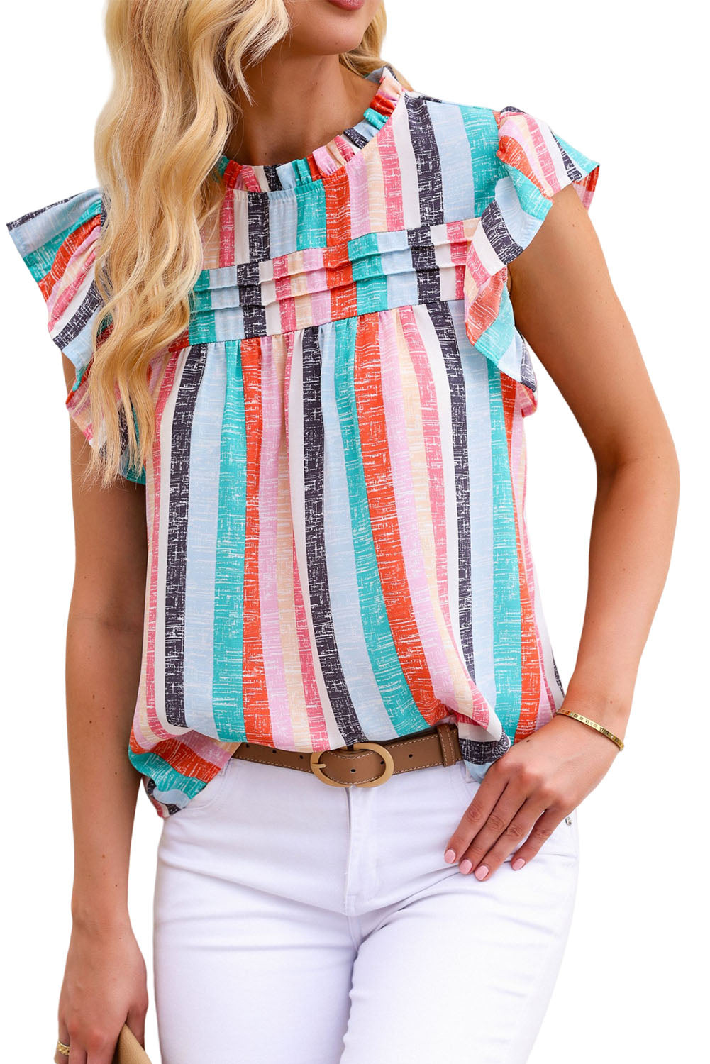 Striped Color Block Ruffled O-neck Sleeveless Top