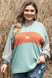 Green Colorblock Striped Bishop Sleeve Top