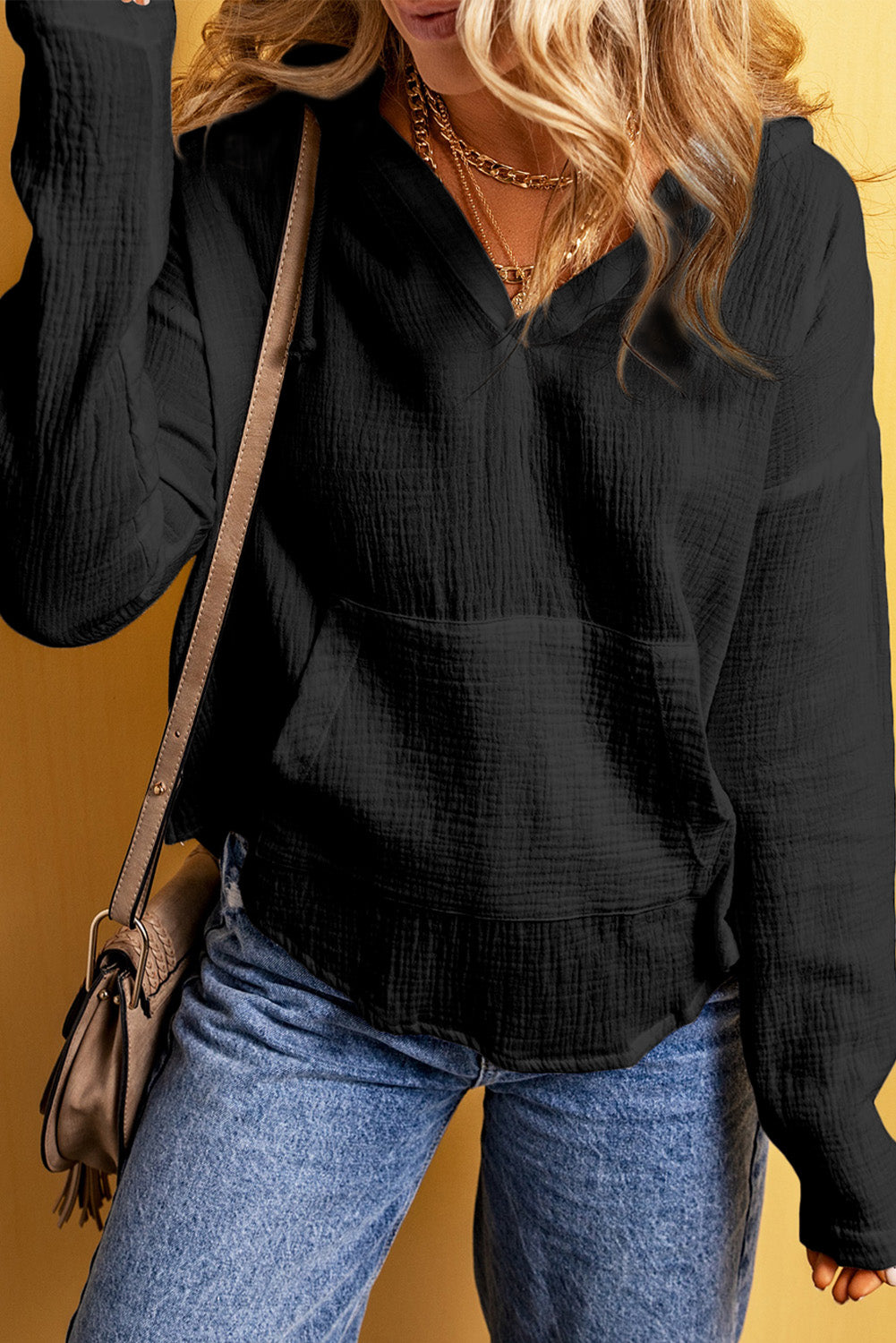 Lightweight Crinkle Pocketed Hooded Blouse