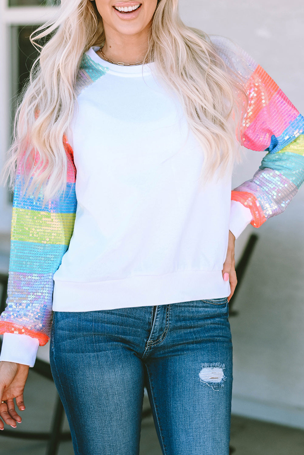 Sequin Color Block Raglan Sleeve Pullover Sweatshirt