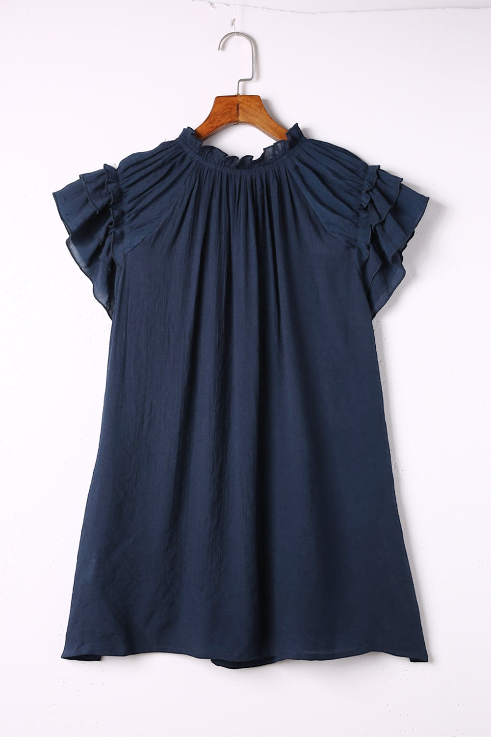 Blue Tiered Ruffled Sleeve Drawstring V Neck Plus Size Blouse