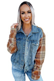 Medium Wash Plaid Sleeves Denim Jacket