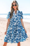 Blue Ricrac Trim Split Neck Floral Loose Dress