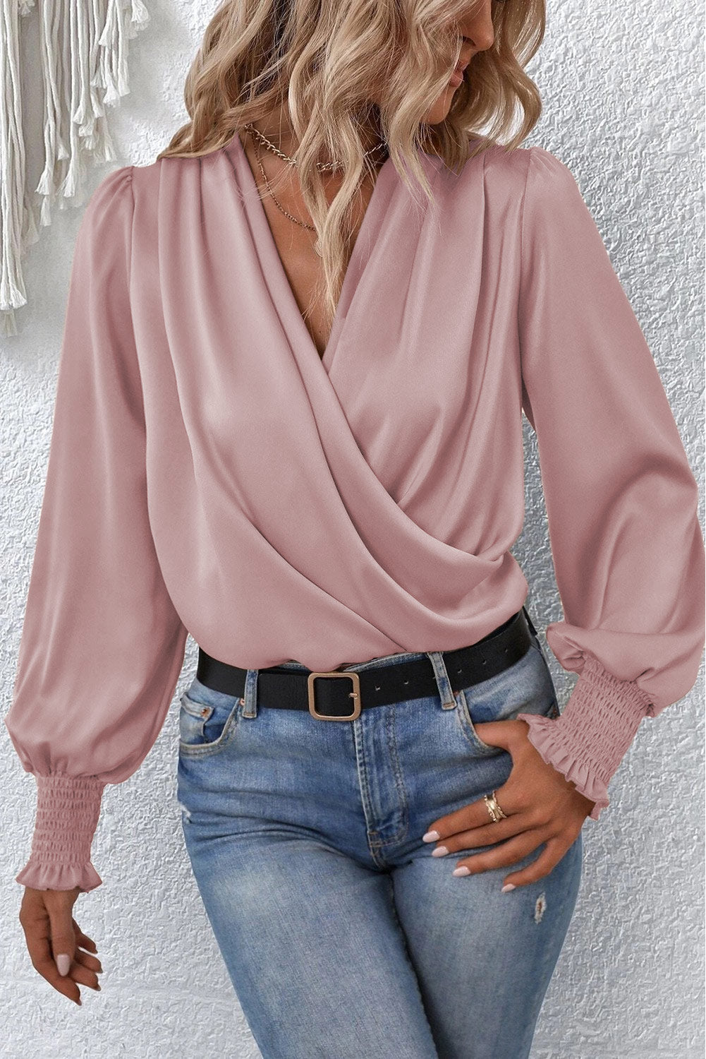 Solid Surplice Neck Shirred Cuffs Draped Blouse