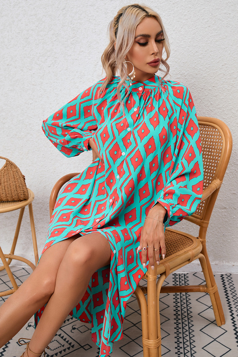 Western Geometric Print Split Buttoned Shirt Dress