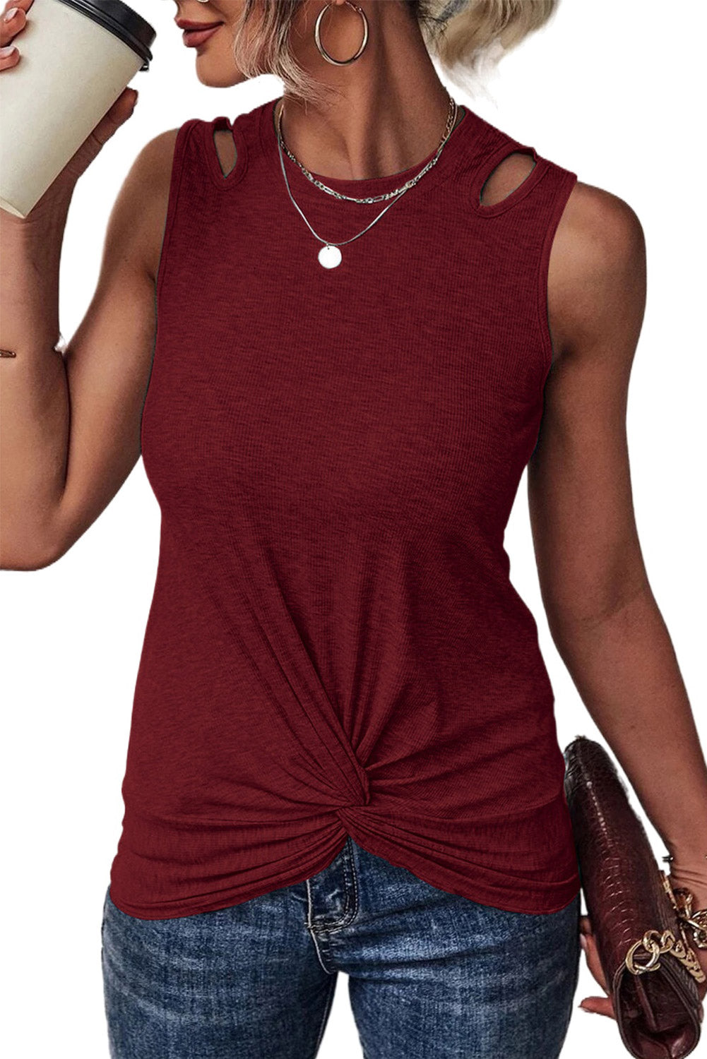 Khaki Rib Knit Cut-out Front Twist Tank Top