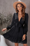 Deep V Neck Lantern Sleeve Knotted Tiered Mini Dress