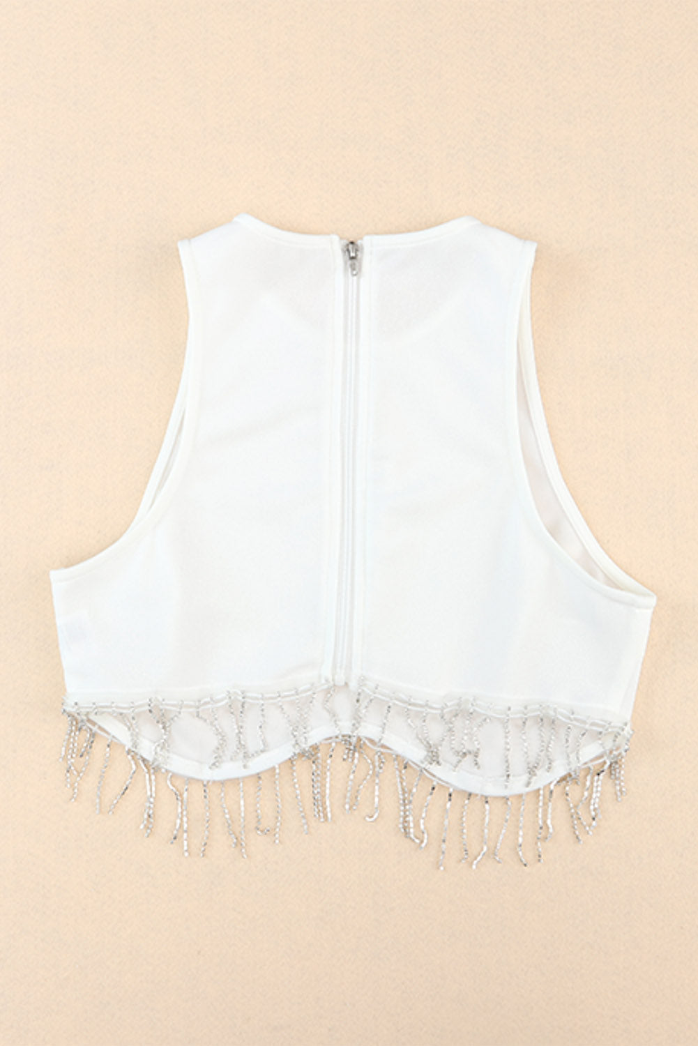 Rhinestone Fringe Zip Back Round Neck Cropped Tank Top