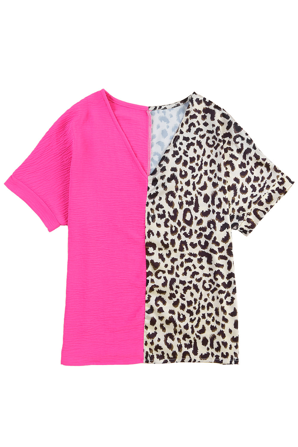 Leopard Color Block Roll Tab Sleeve V Neck Top