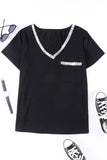 Sequin Trim V Neck Chest Pocket Plus Size Tee