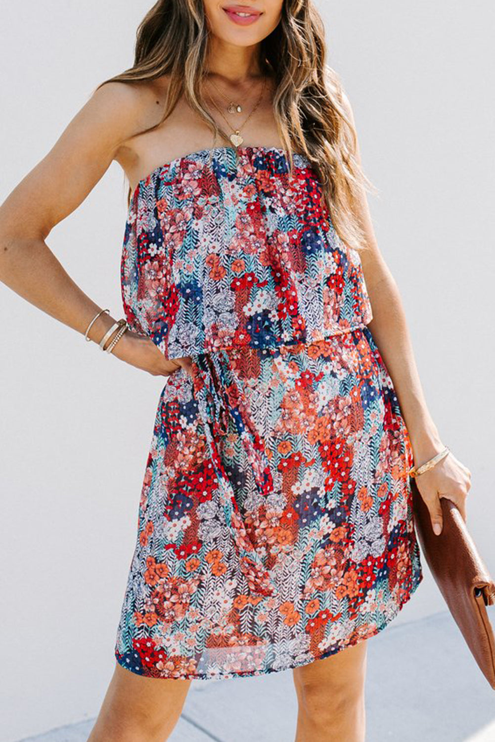 Floral Print Tiered Ruffled Bandeau Mini Dress